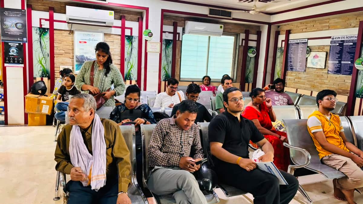 Patients waiting in the OPD area at KVM Eye Hospital, Gwalior